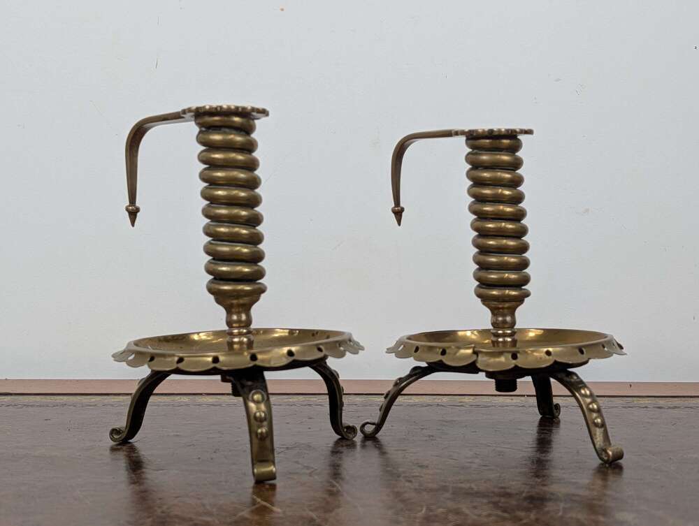 Pair Seb Schreiber Munich German brass spiral candlesticks circa 1890, arts and crafts