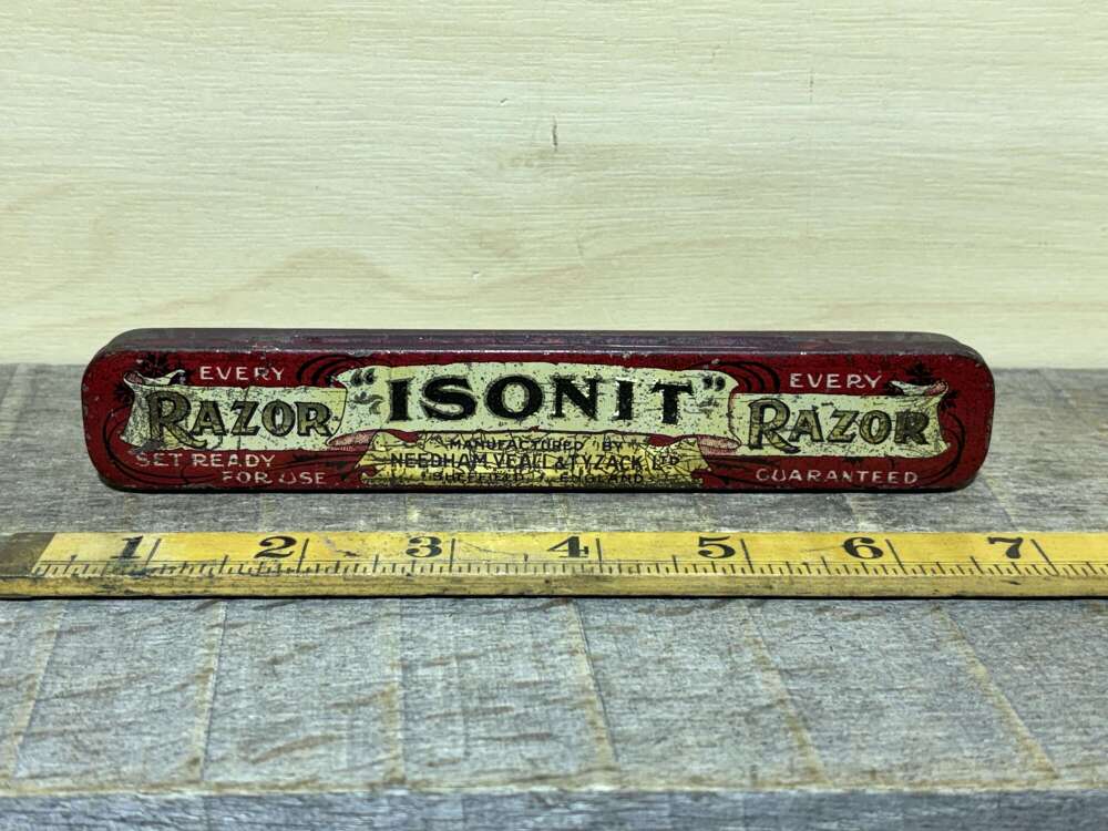 Iosonit Needham Veall Sheffield Straight Razor barber Shop Tin c1900s