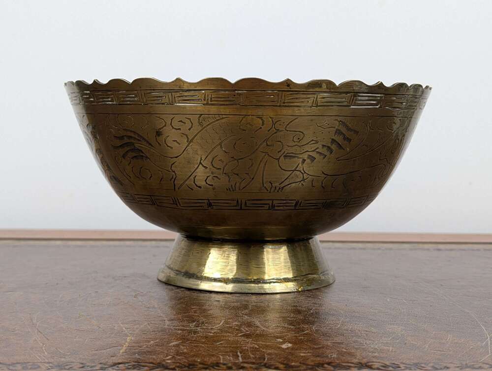 Antique Chinese hand-engraved brass footed bowl with dragons, circa 1900 late Qing