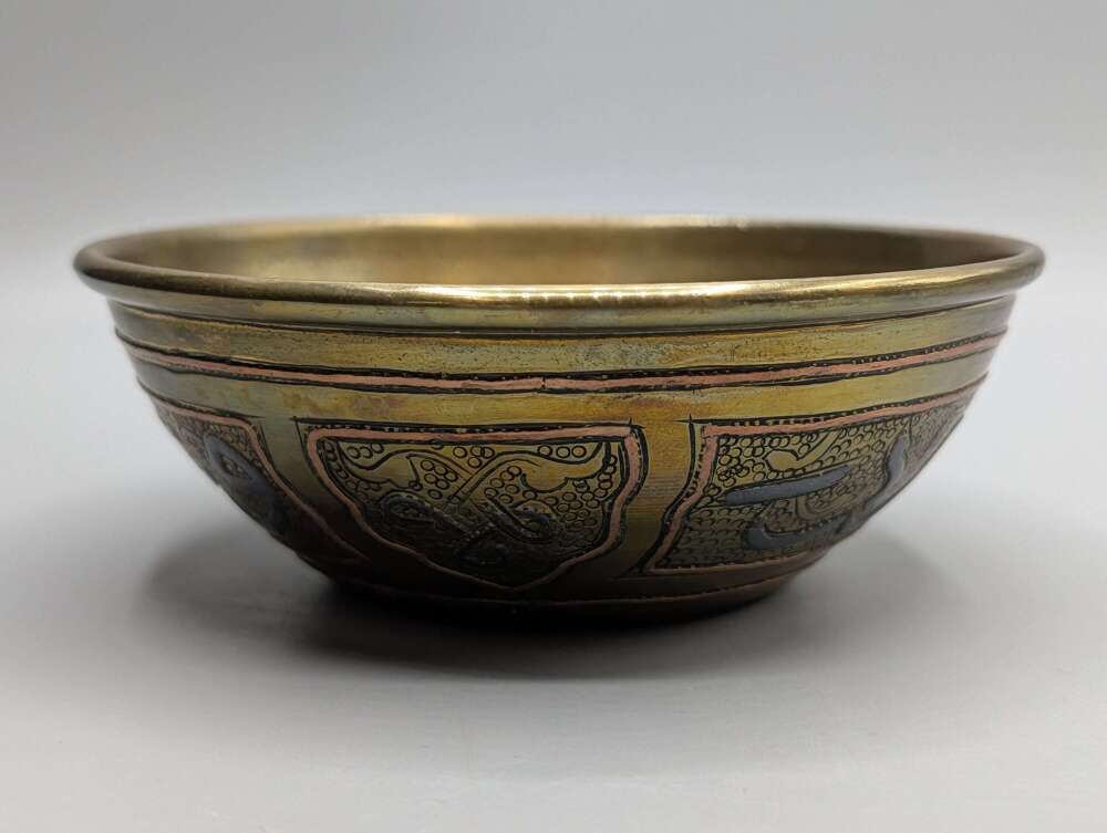 Mamluk Revival Cairoware brass bowl with silver and copper inlay, Egyptian, Antique