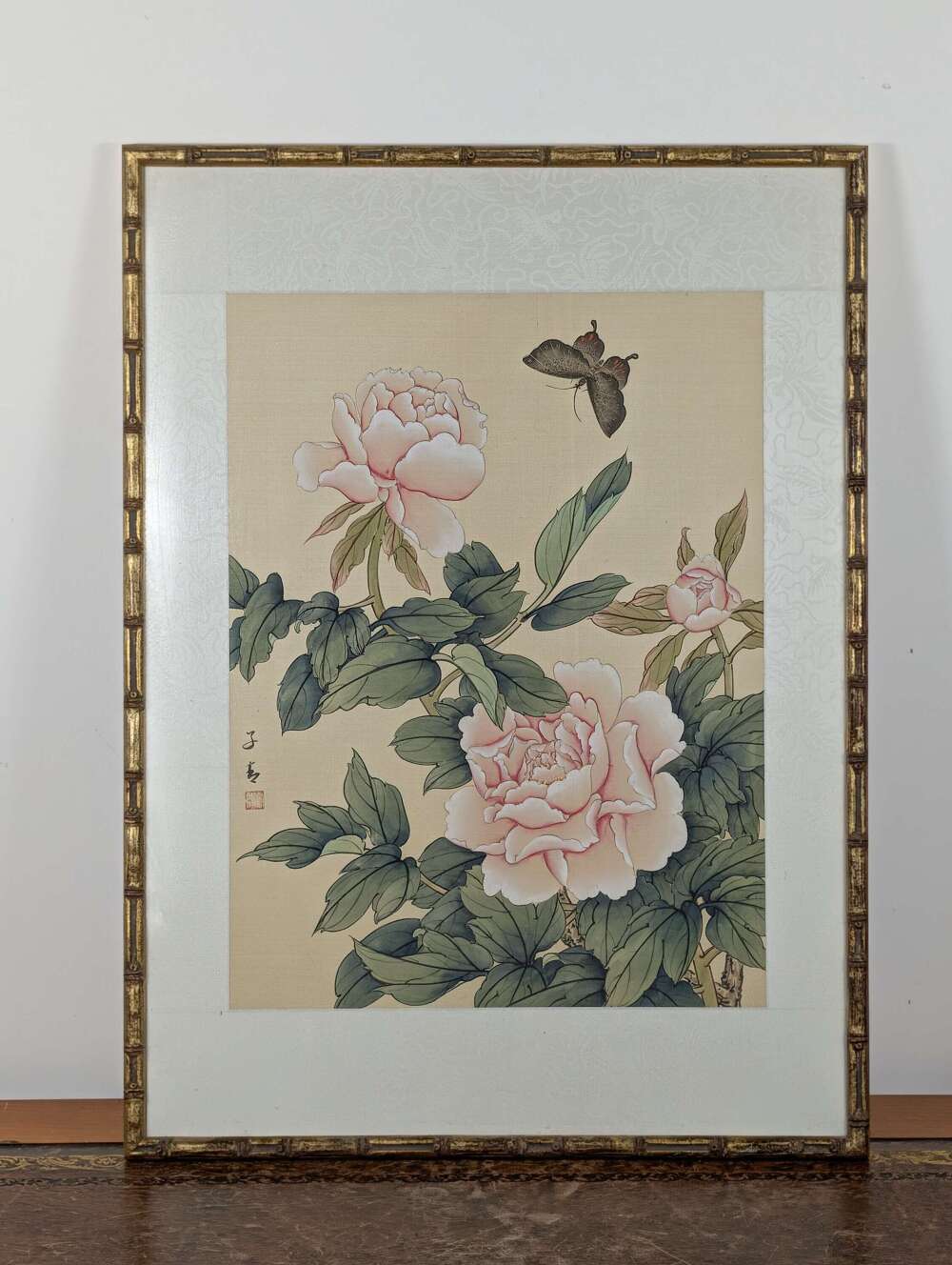 Chinese silk painting of peonies and butterfly in gilt bamboo frame mid 20th century