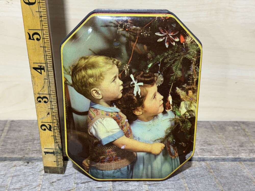 Blue Bird Children Hanging Christmas Ornaments Toffee Tin c1950s