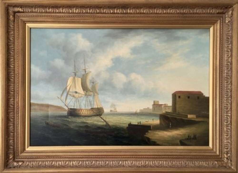 James Hardy Galleon Warship Anchored Off Valletta Harbour Malta 19th Manner Marine Oil Portrait Painting On Panel