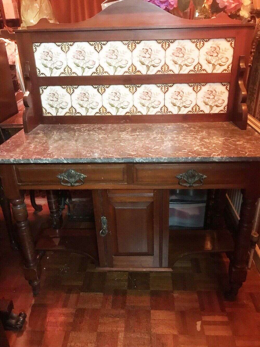 Large Marble Top Washstand Edwardian Walnut Tiled Bedroom Furniture