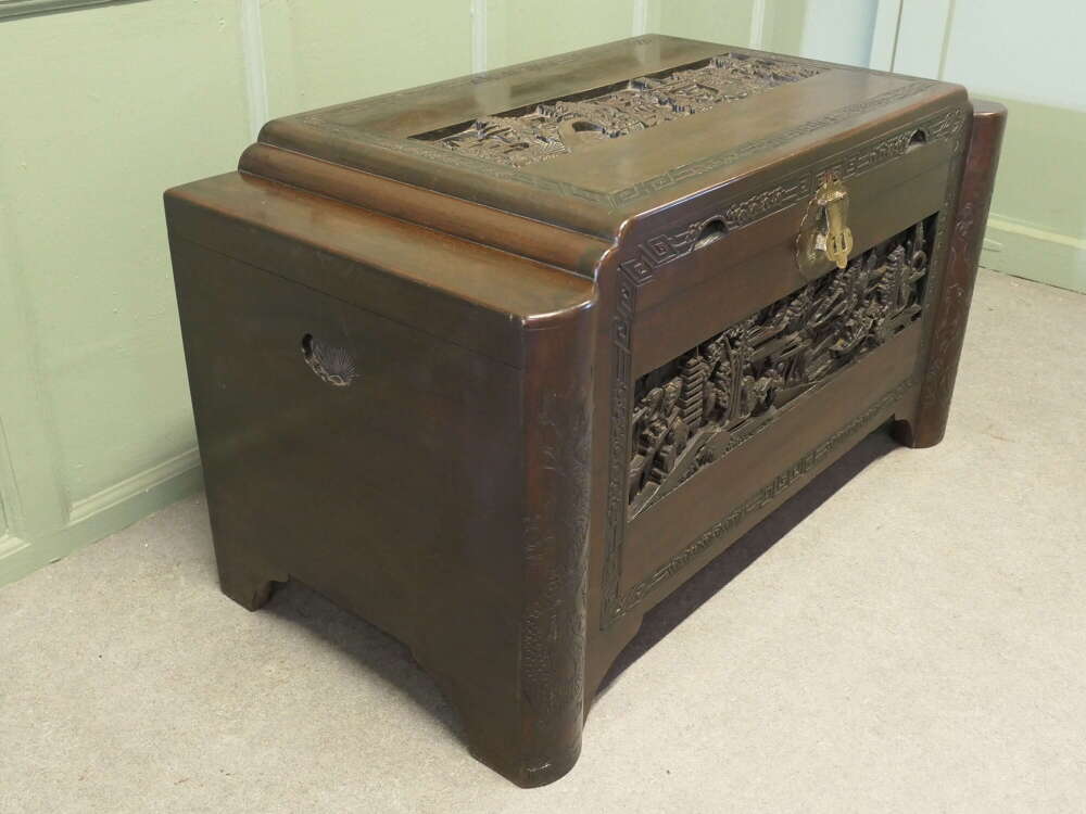 Art Deco Oriental Carved Camphor Wood Chest   Beautiful Carved Chest