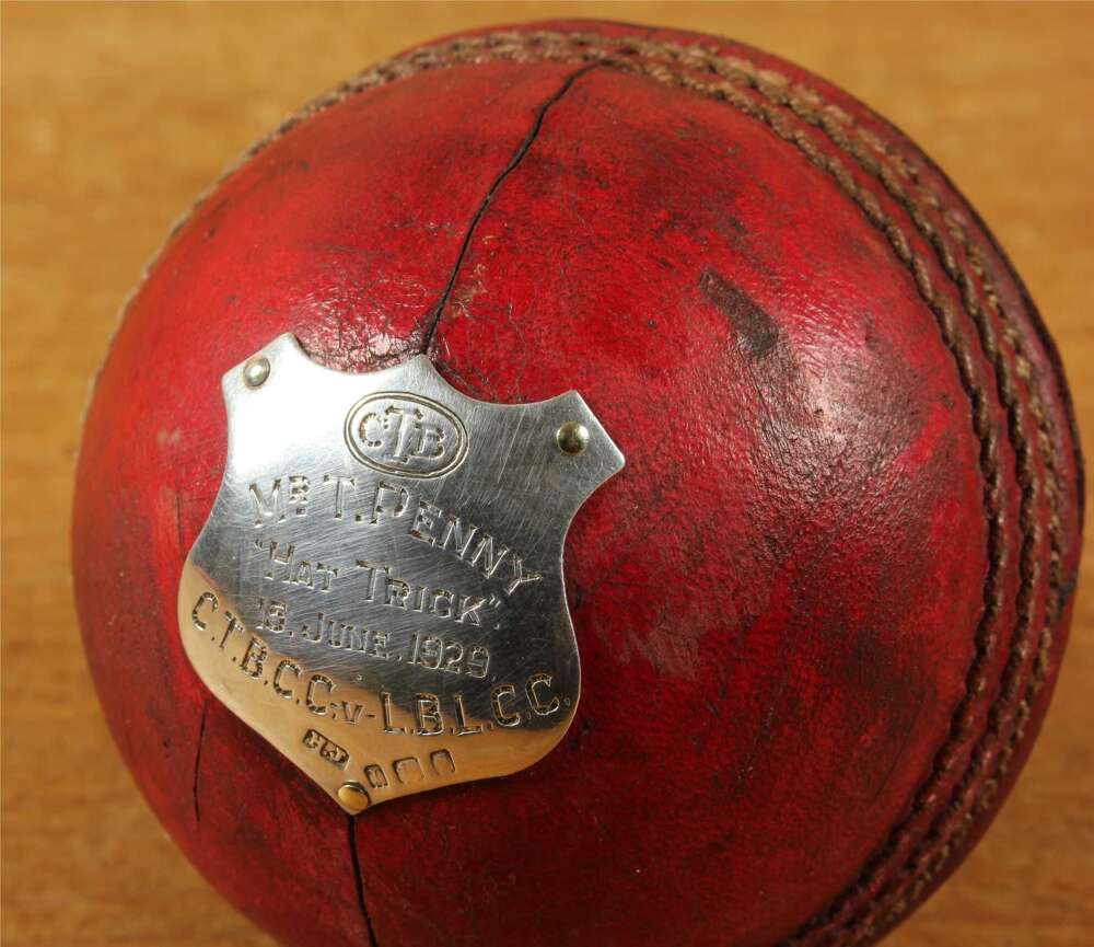Antique Silver Plaque Cricket Club Ball Trophy. Mr T Penny Hat Trick. 1929.