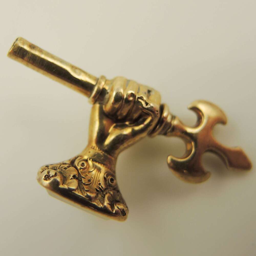 Solid 15K Gold AXE and FIST shaped pocket watch key c1820
