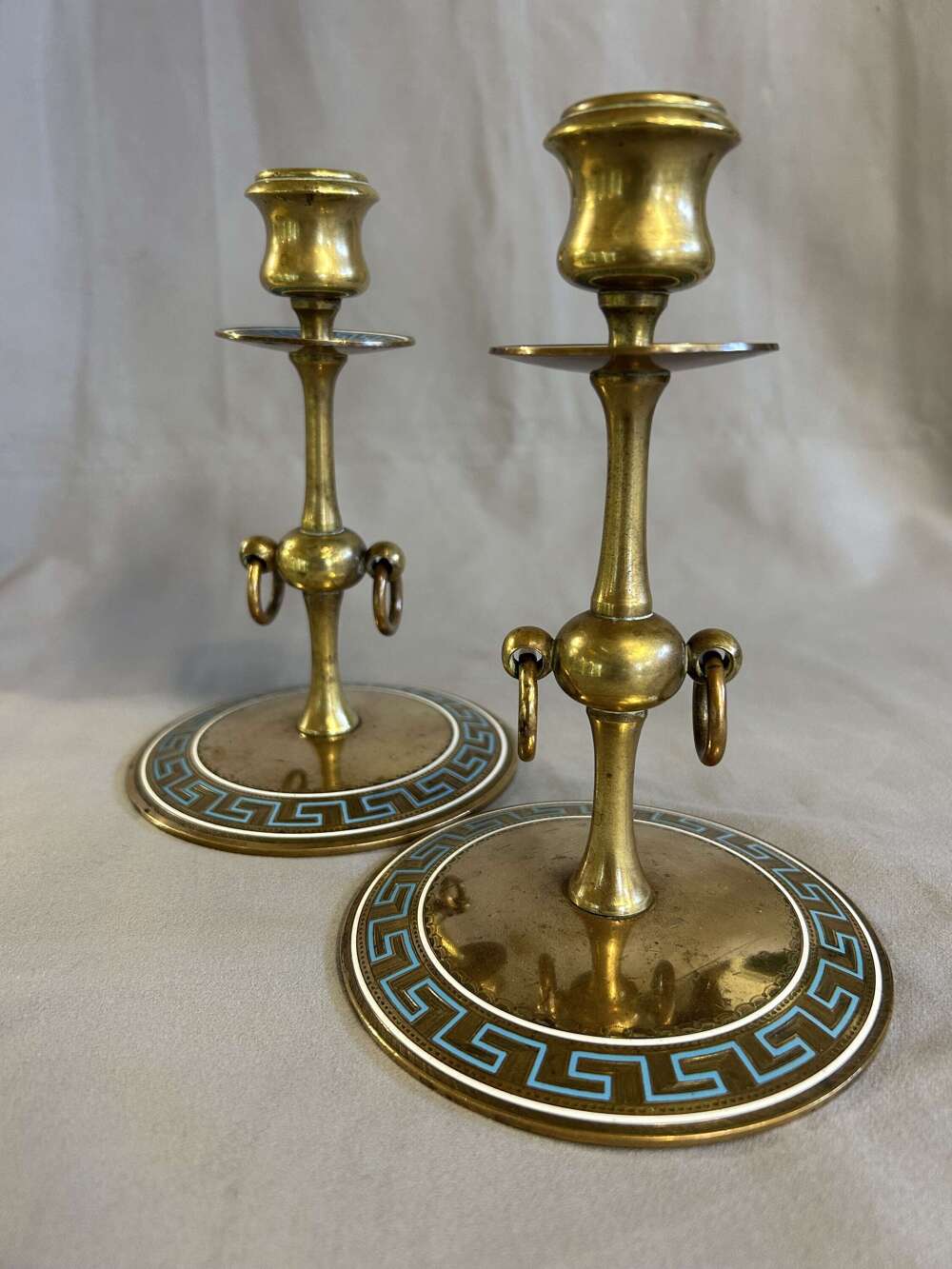 Pair Victorian Brass & Enamel Candlesticks - 'Greek Key Design'