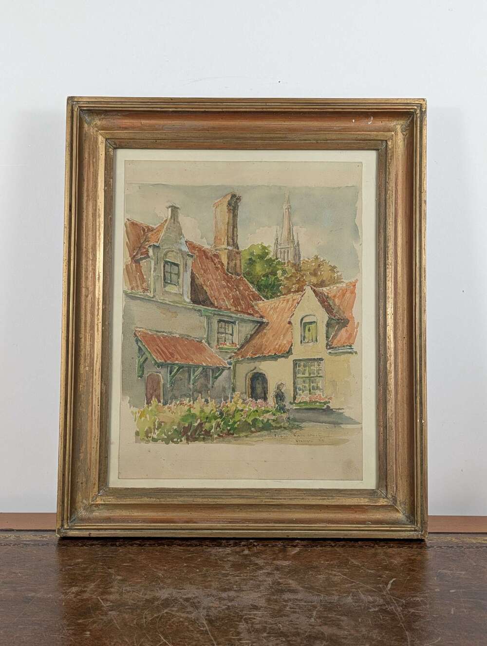 Bruges watercolour townscape with Church of Our Lady tower, signed with inscription
