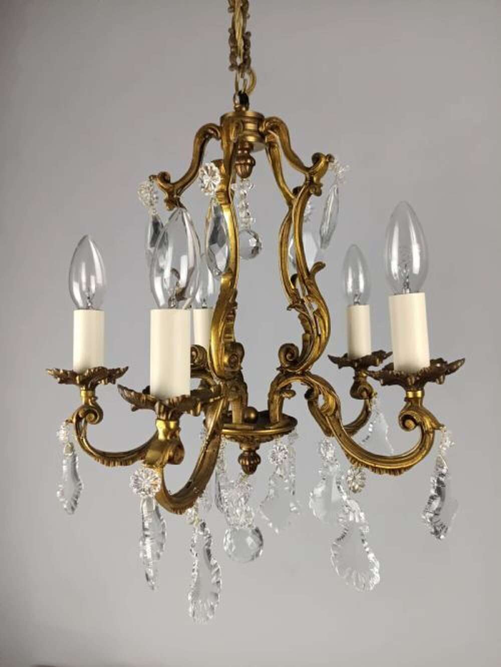 French Gilded & Crystal 5 Light Chandelier