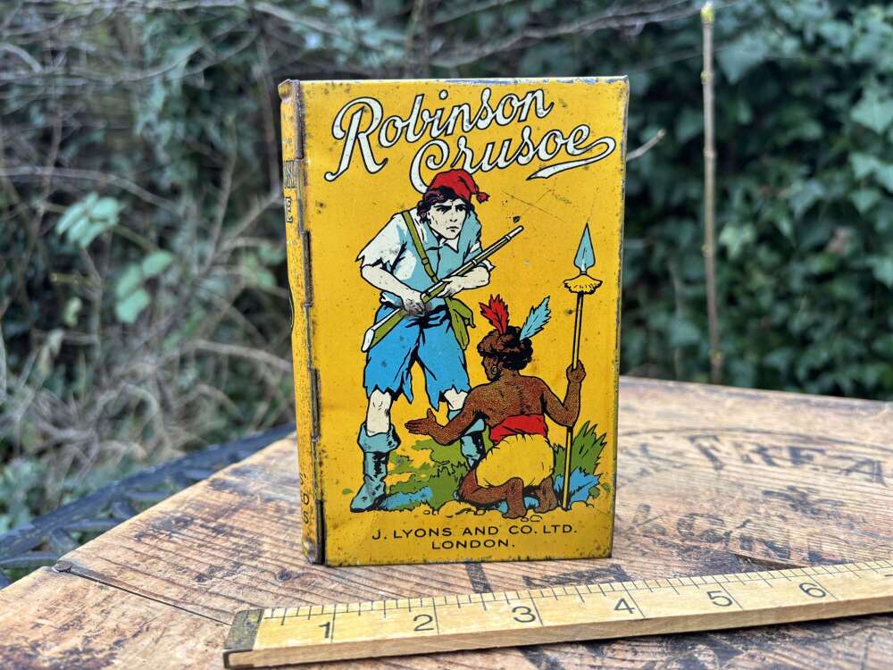 Robinson Crusoe Fairy Tale Book Shaped Toffee Tin c1920s
