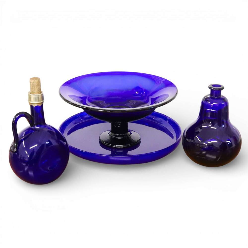 Collection of Bristol Blue Glass &mdash; Decanter, Vase, Bowl & Tray