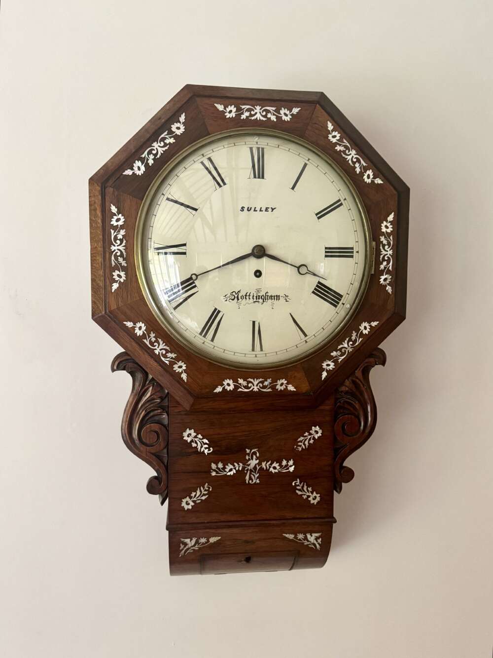 Antique 19th Century Quality Rosewood Inlaid Drop Dial Wall Clock 
