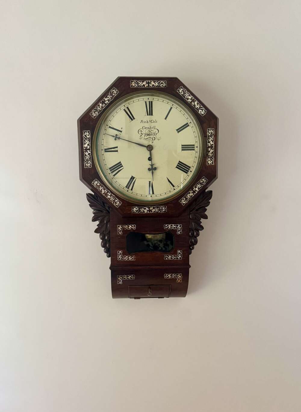 Quality Antique 19th Century Rosewood Inlaid Drop Dial Wall Clock