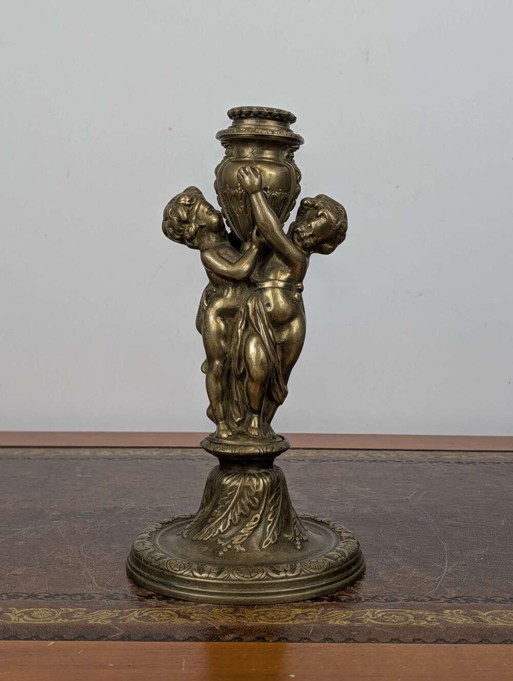 French Louis XVI Revival gilt bronze figural candlestick lamp base with twin putti, c1900