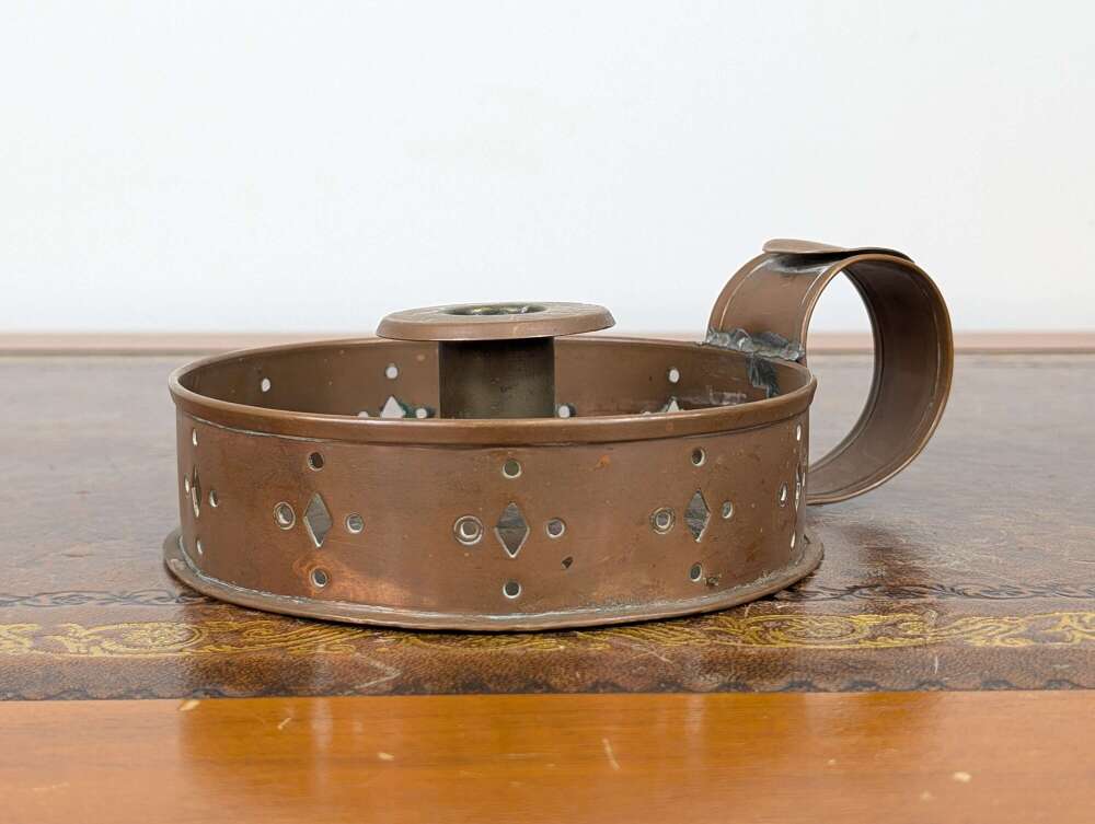 Arts and Crafts copper chamberstick candle holder, pierced gallery, circa 1900 antique