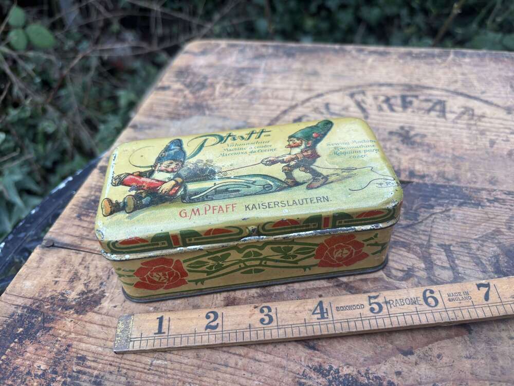 Pfaff Gnomes at Work Sewing Machine Kit Art Nouveau Tin c1910