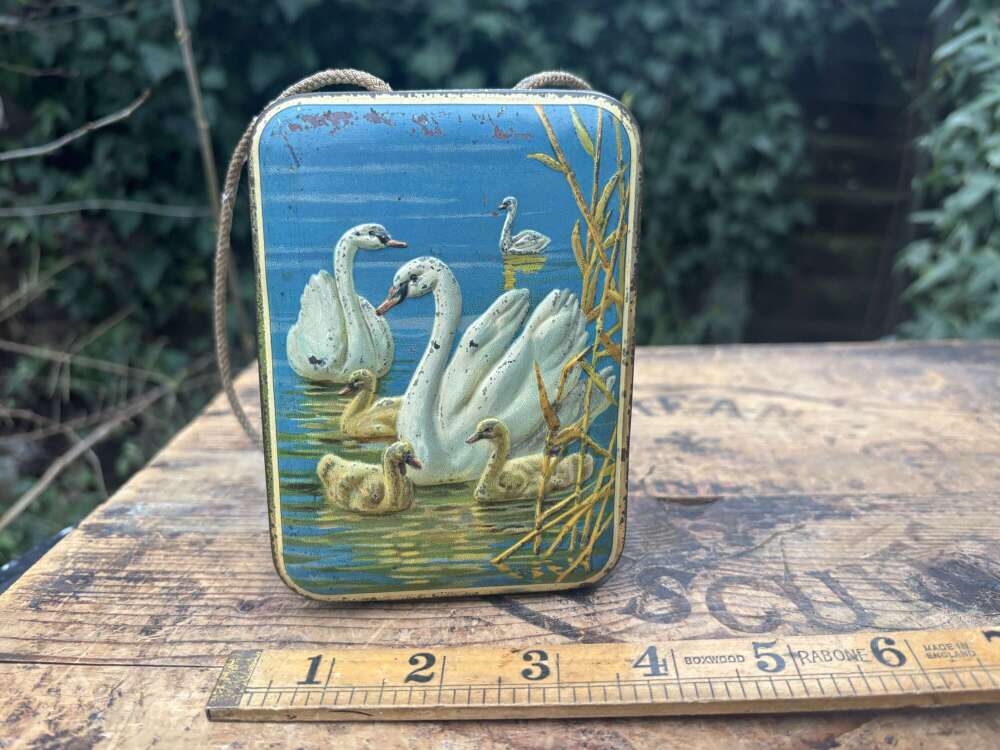 Macfarlane Lang Swan Bird Image Embossed Hand Bag Biscuit Tin c1900s
