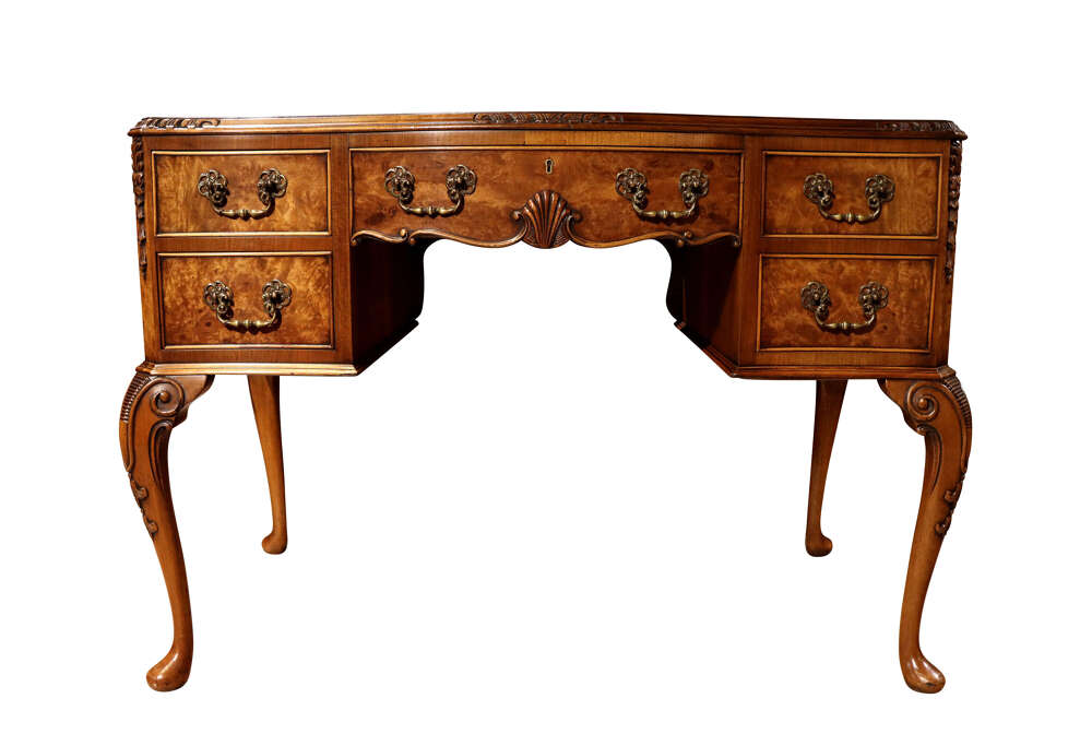 Antique Burr Walnut Ladies Writing Desk with Leather Top