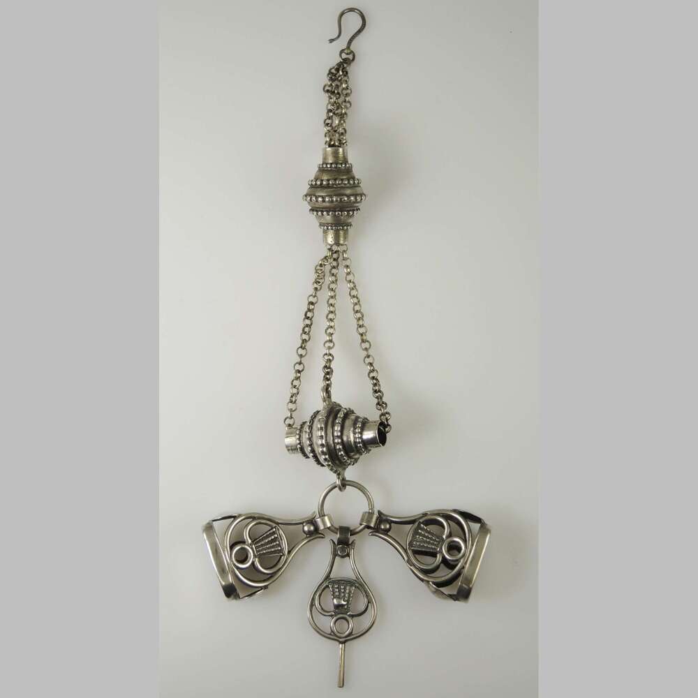 Silver Dutch chatelaine with seals and key c1850