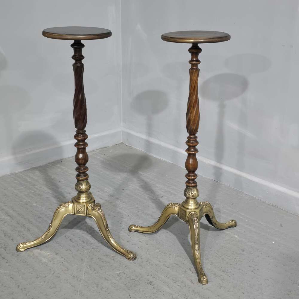 Pair Mahogany And Brass Torchere Stands