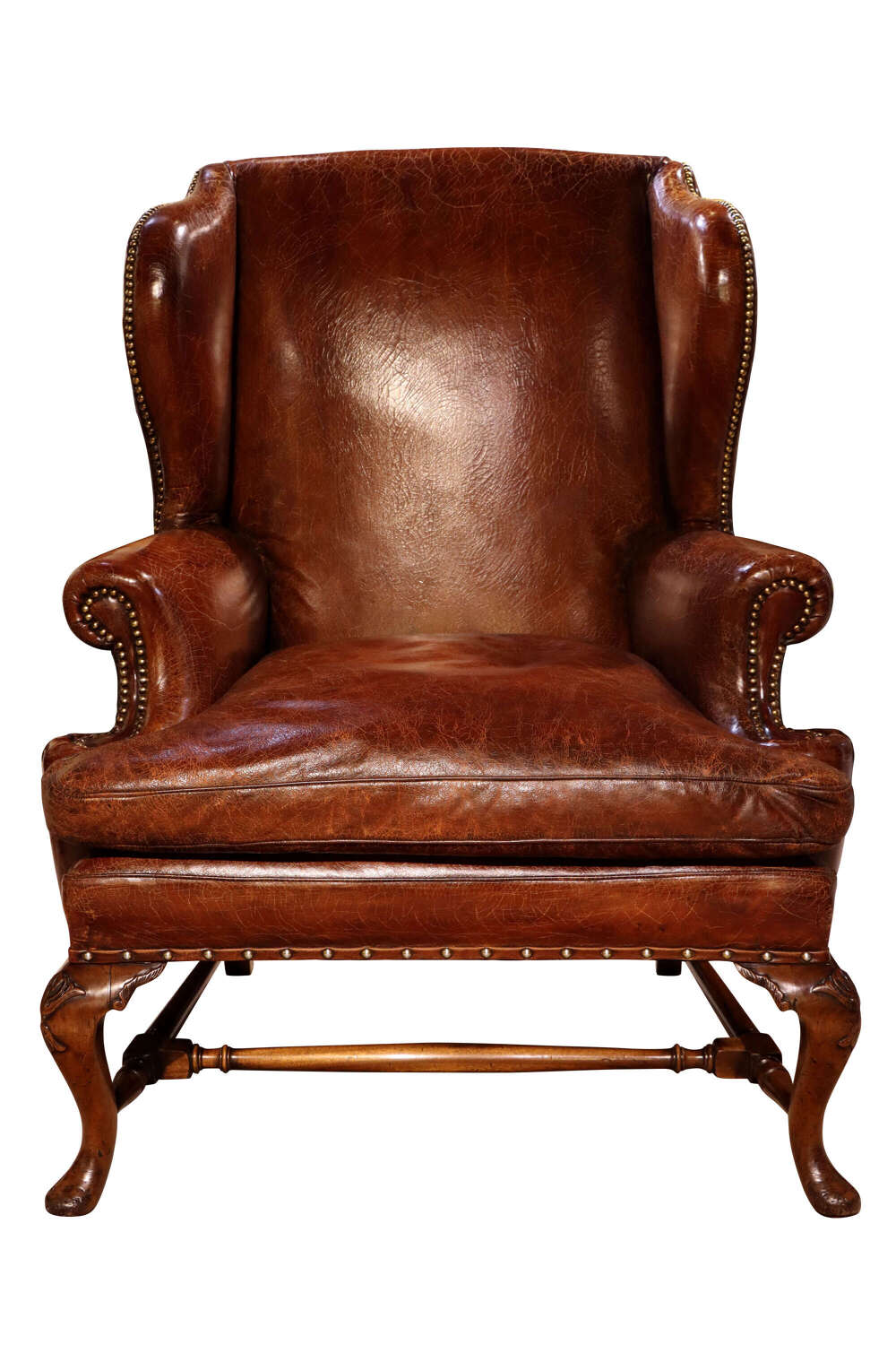 Antique 19th Century Hand-Coloured Leather Wing Armchair on Walnut Cabriole Legs