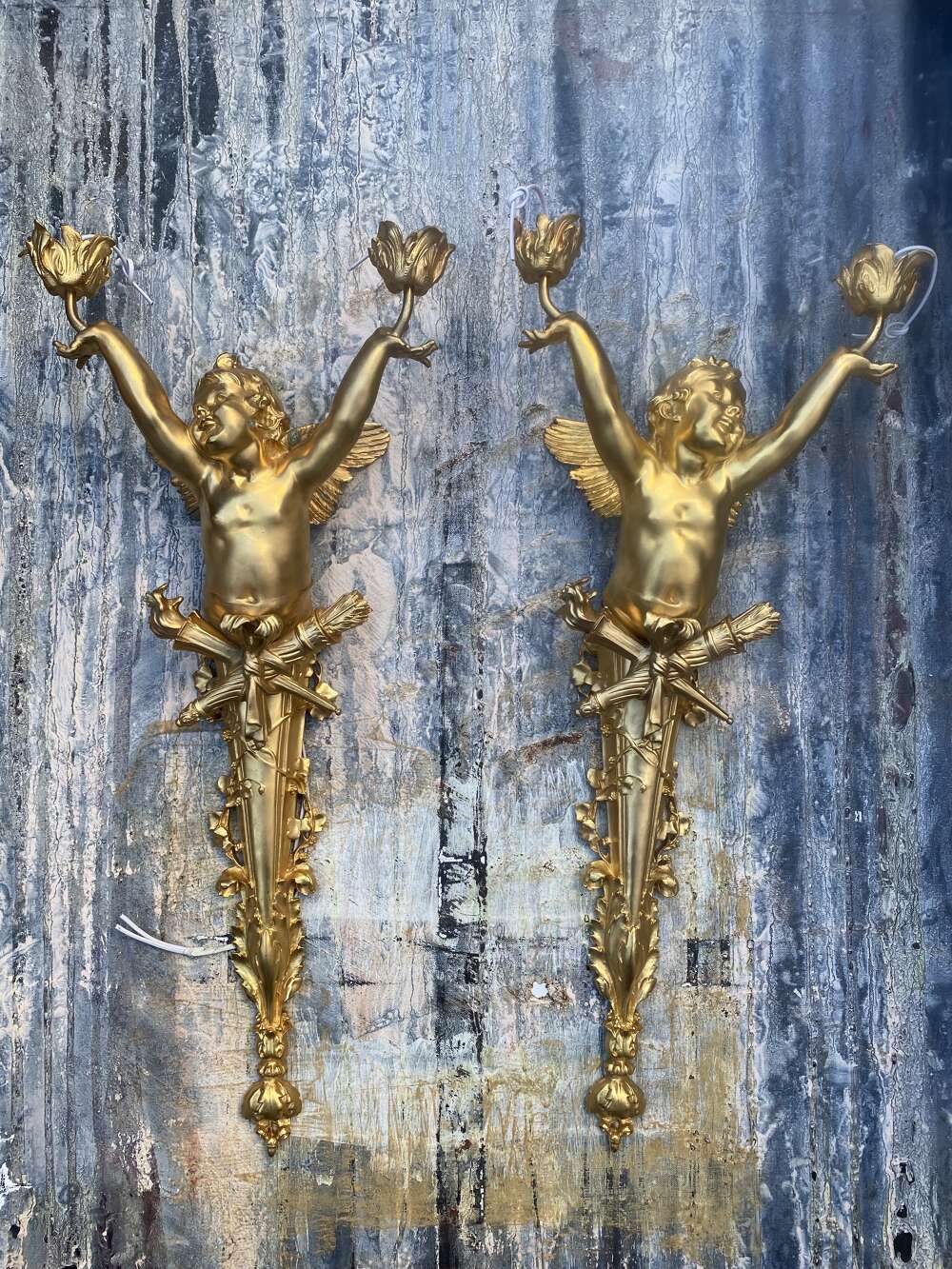 Pair of Gilt Bronze Cherub Wall Lights Sconces Signed