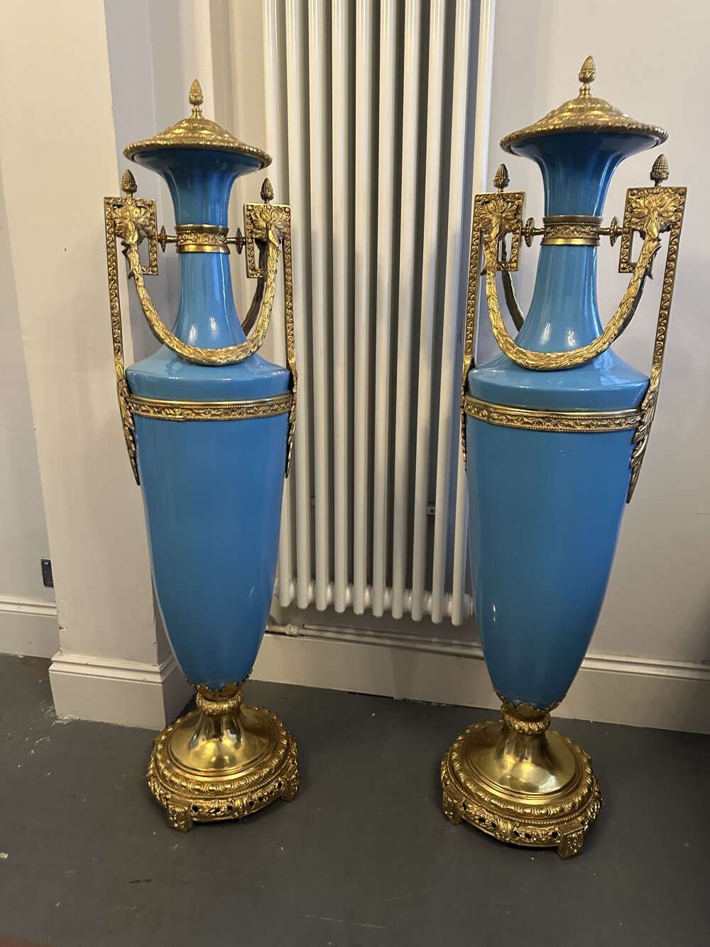 Large Pair Bronze & Porcelain Urns sevres style Light Blue vases