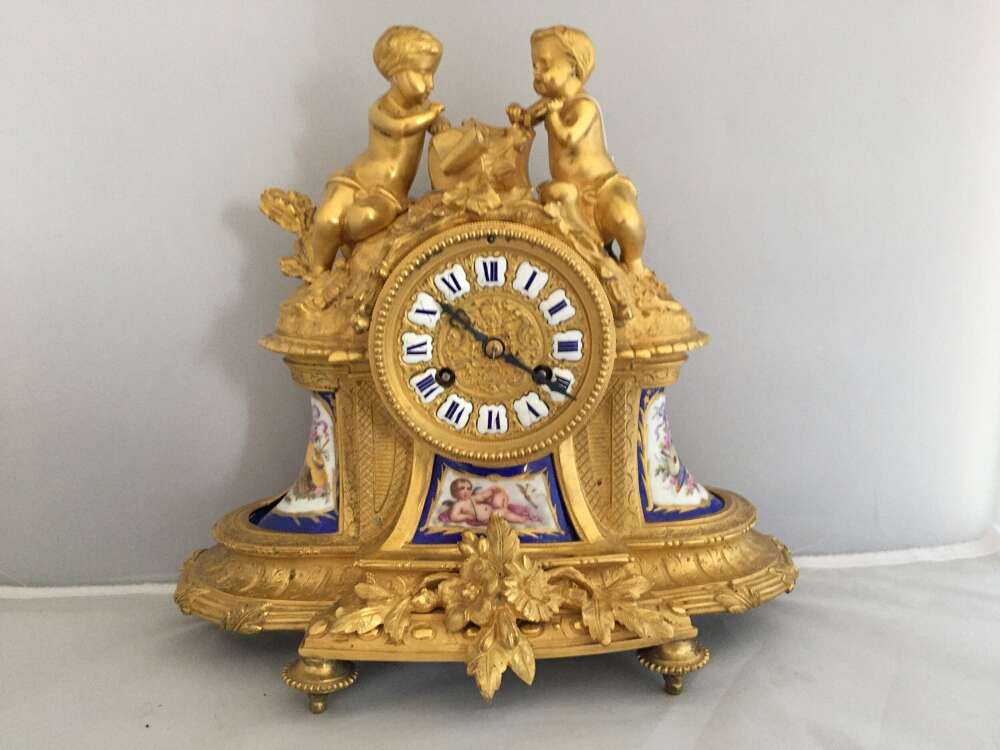 Antique French Ormolu And Porcelain Mantle Clock