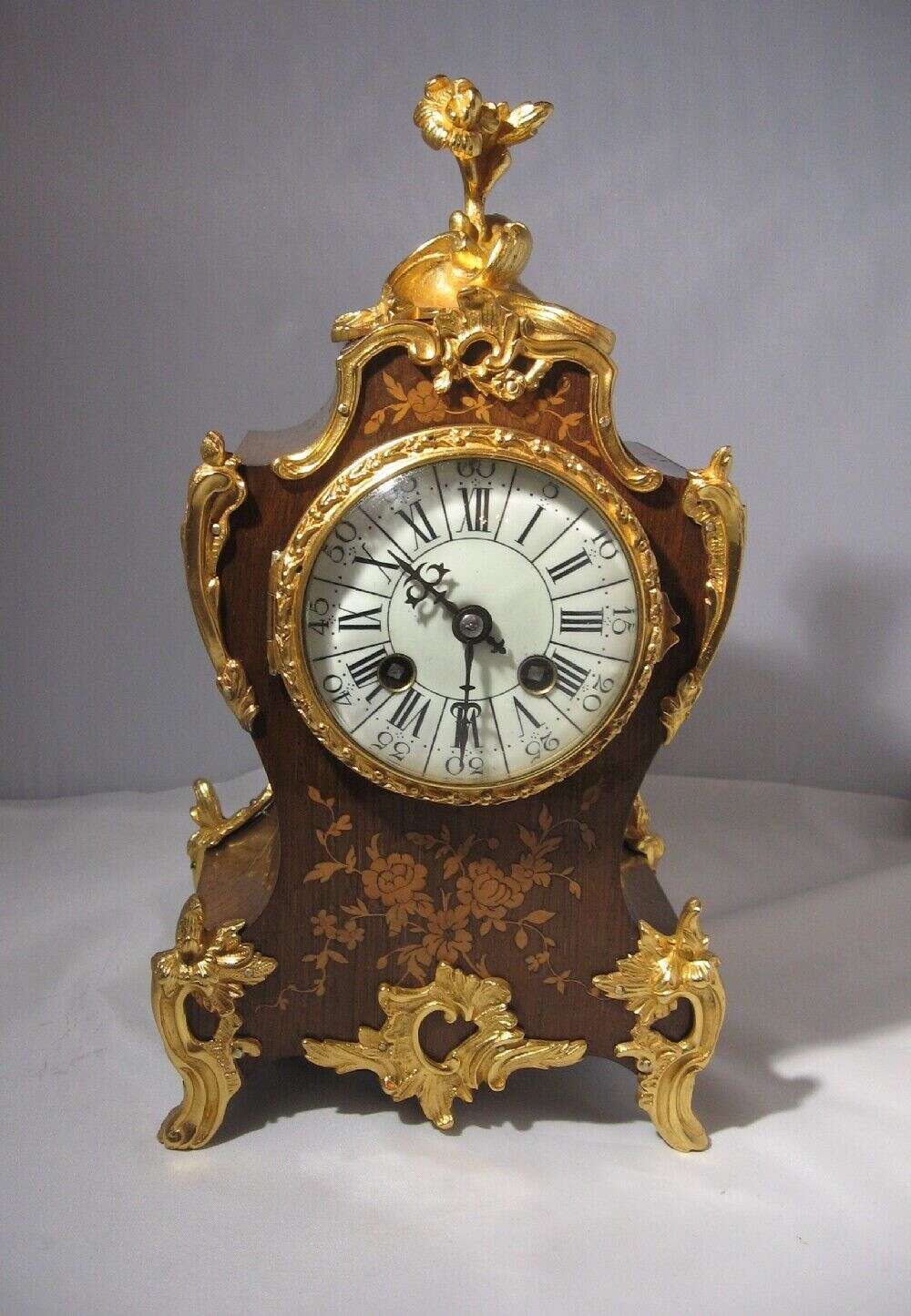 Antique, Inlaid, Rosewood Shaped French Mantle Clock