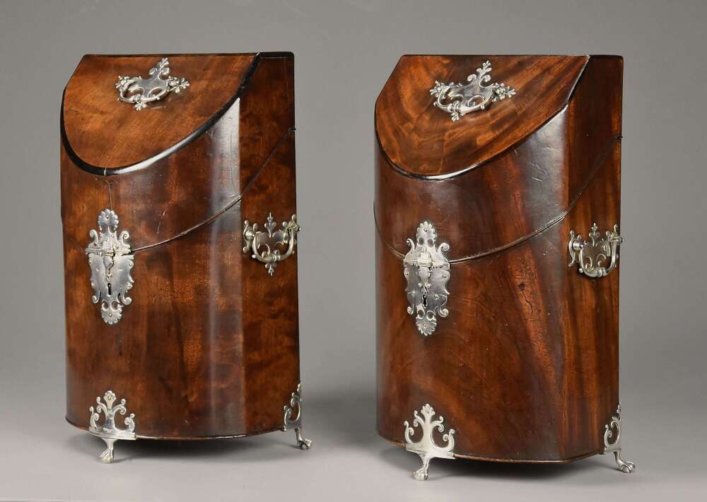 Rare pair of 18thc bow front mahogany cutlery boxes with silver mounts & of superb patina