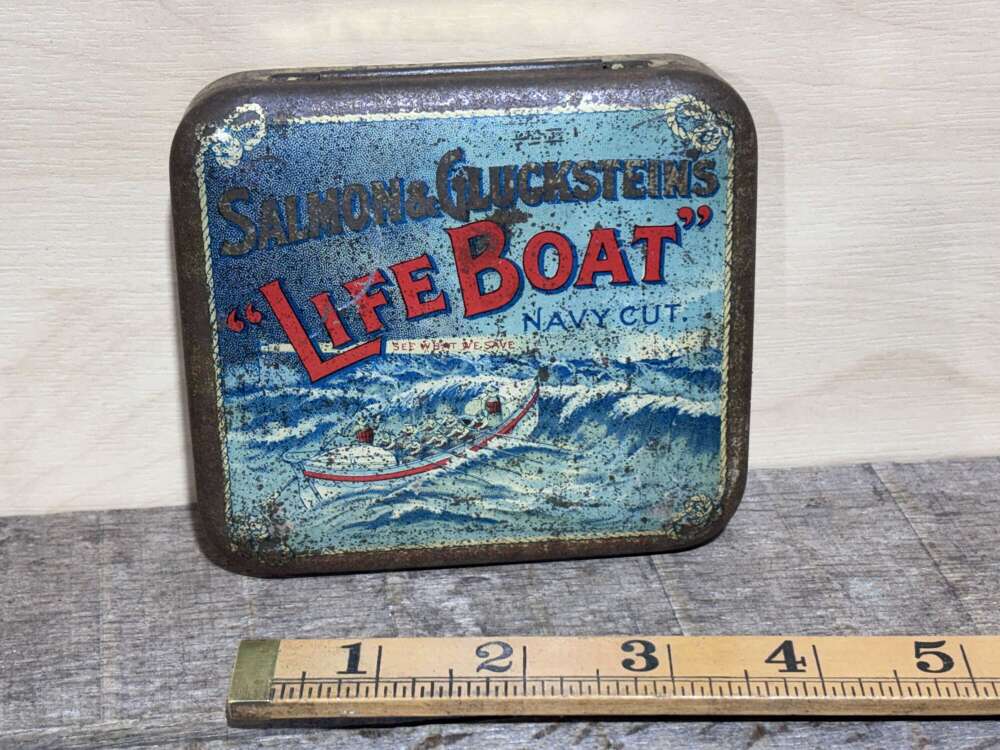 Salmon & Gluckstein's Life Boat 4oz Tobacco Tin c1900s Dark Blue Version