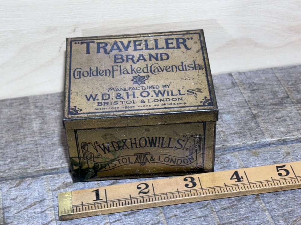 Wills Traveller Brand gold & Black Tobacco Tin c1900s