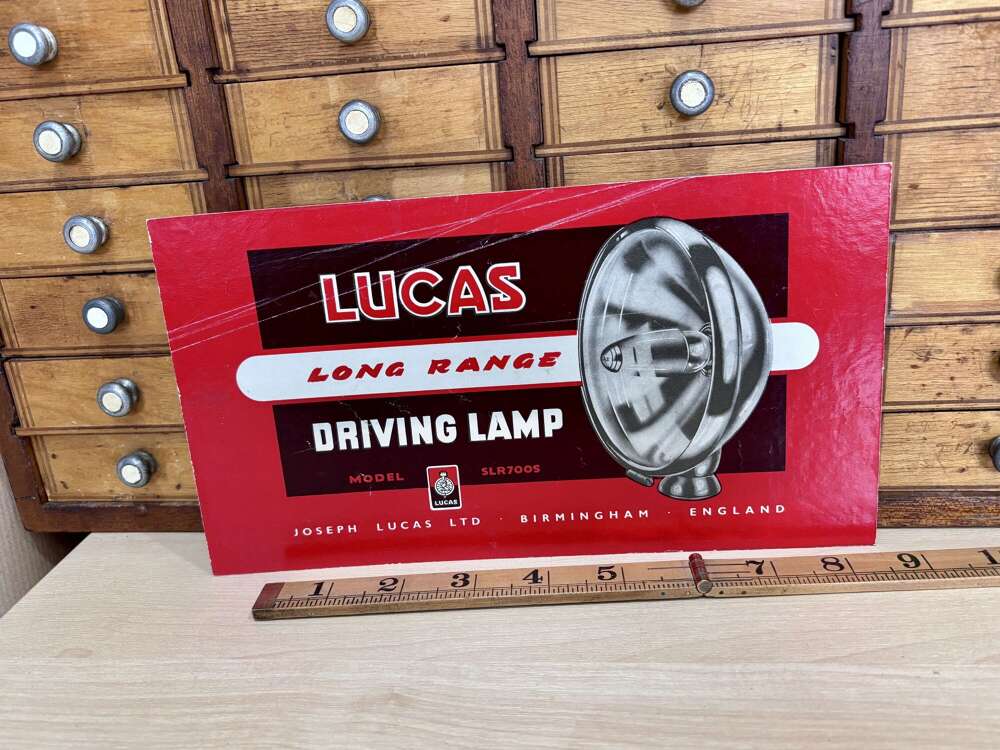 Lucas Long range Driving Car Lamp Motor Mini's Garage Advertising Card Sign c1960s