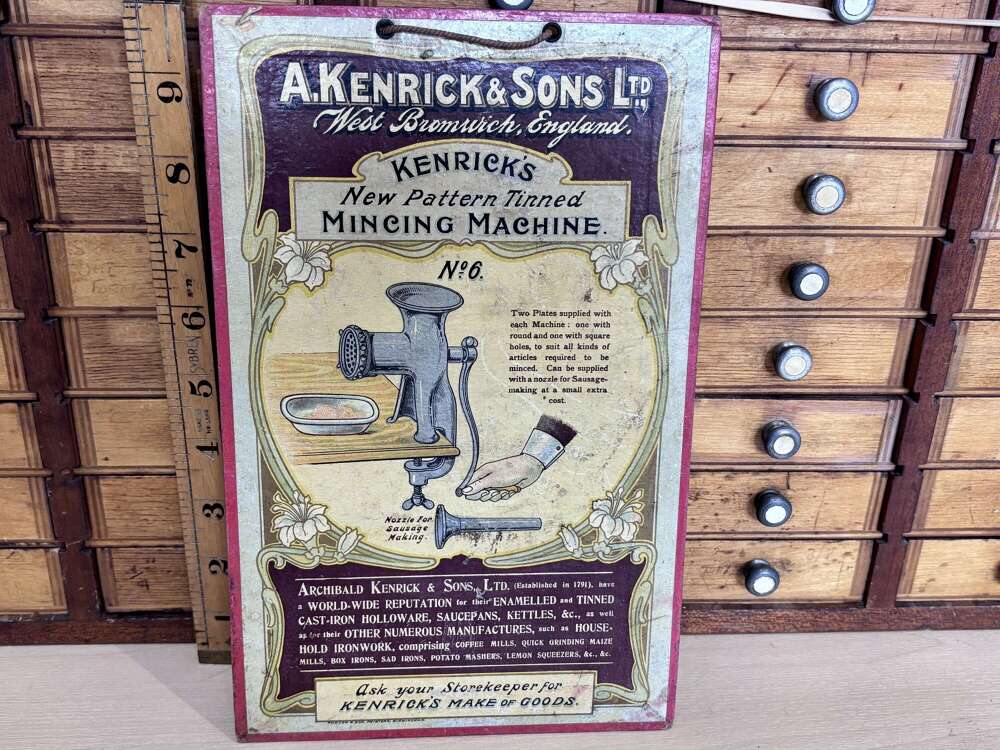 Kenrick & Son Meat Grinder Mincing Machine Butcher Advertising Sign c1900s