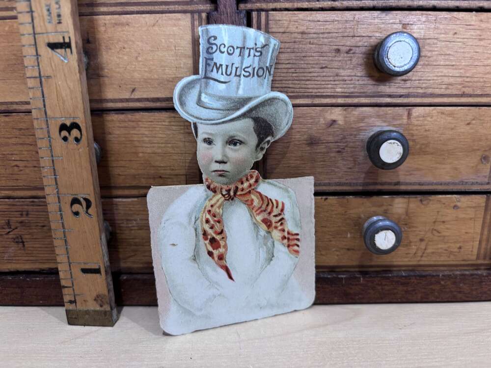 Scott's Emulsion Chemist Die Cut Edwardian Boy Advertising Trade Card c1900s