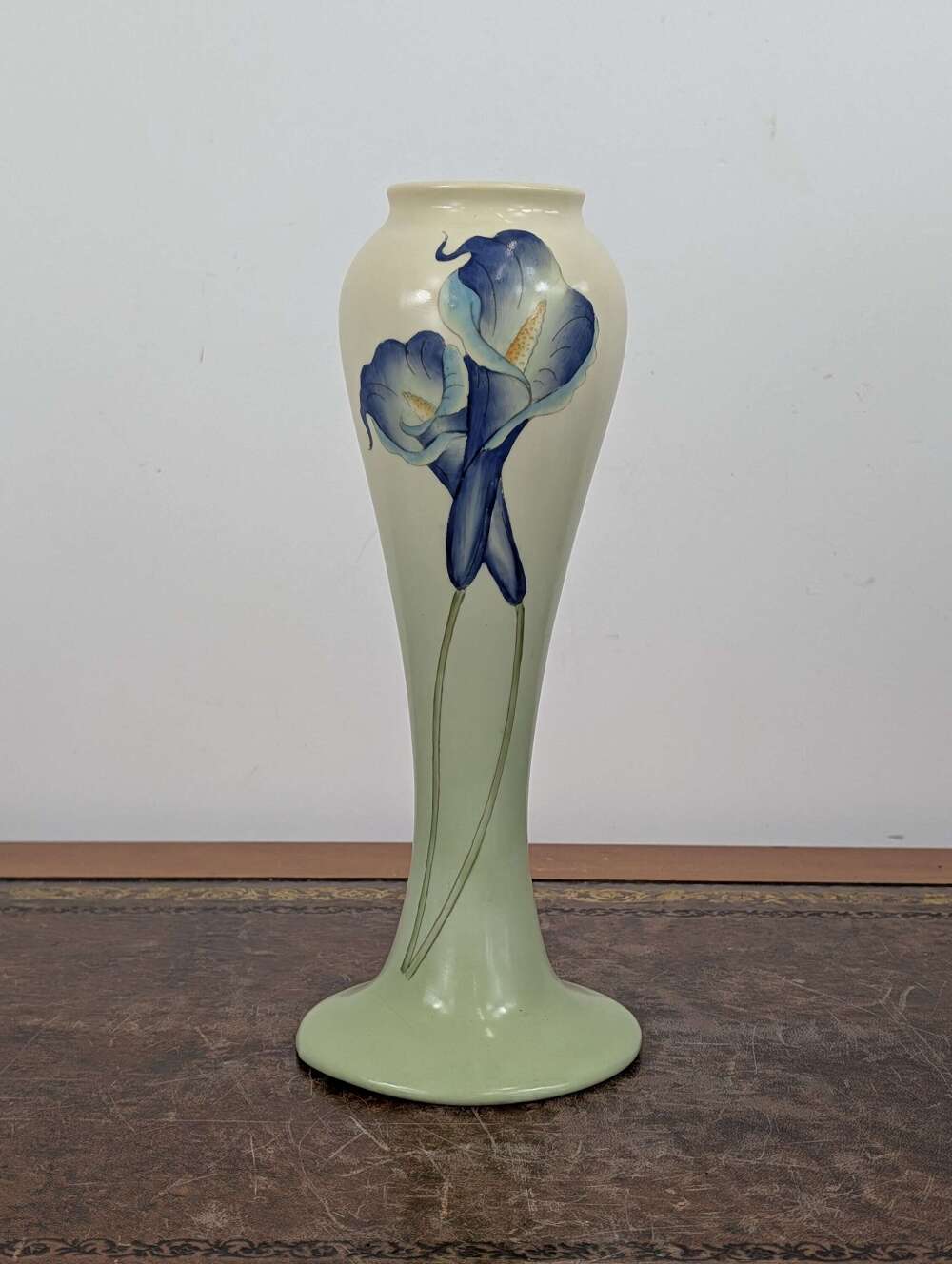 Past Times Art Nouveau style ceramic vase with blue calla lilies