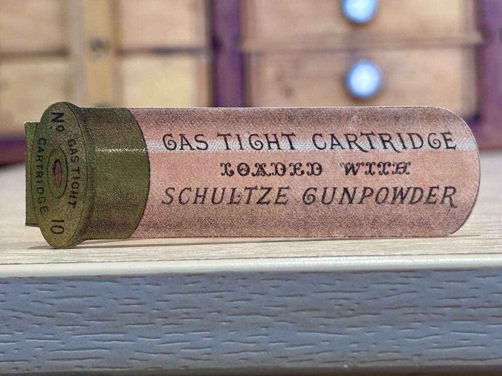 Schultze Gas Tight Shot Gun Cartridge Fold Out Advertising Trade Card Ephemera c1900s