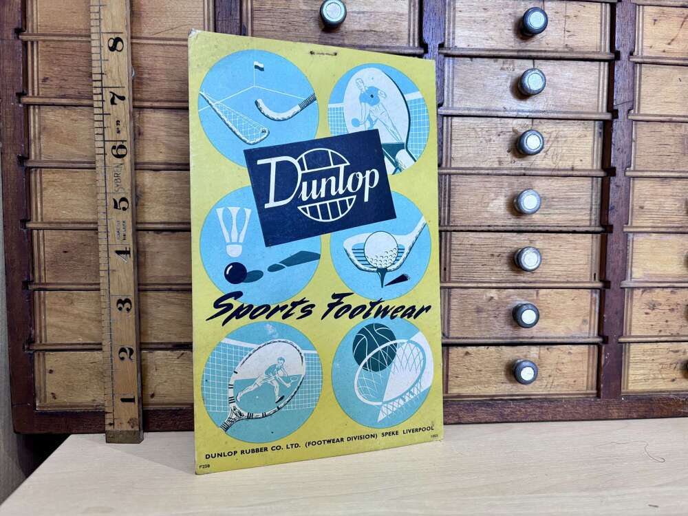 Dunlop Sportswear Tennis Badminton Golf Advertising Card Sign c1953
