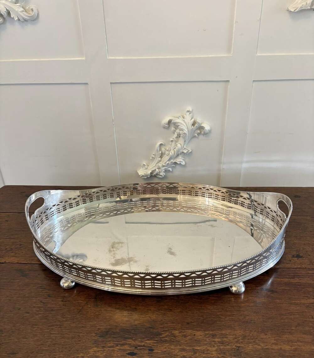 Antique Large Edwardian Silver Plated Oval Gallery Cocktail / Decanter Tray With Handles