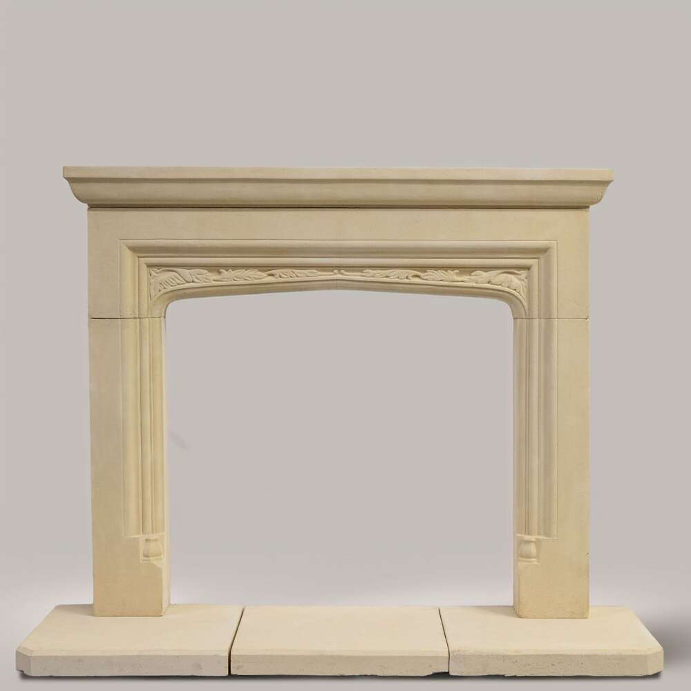 Reclaimed Gothic Revival Style Stone Fireplace Surround With Hearth