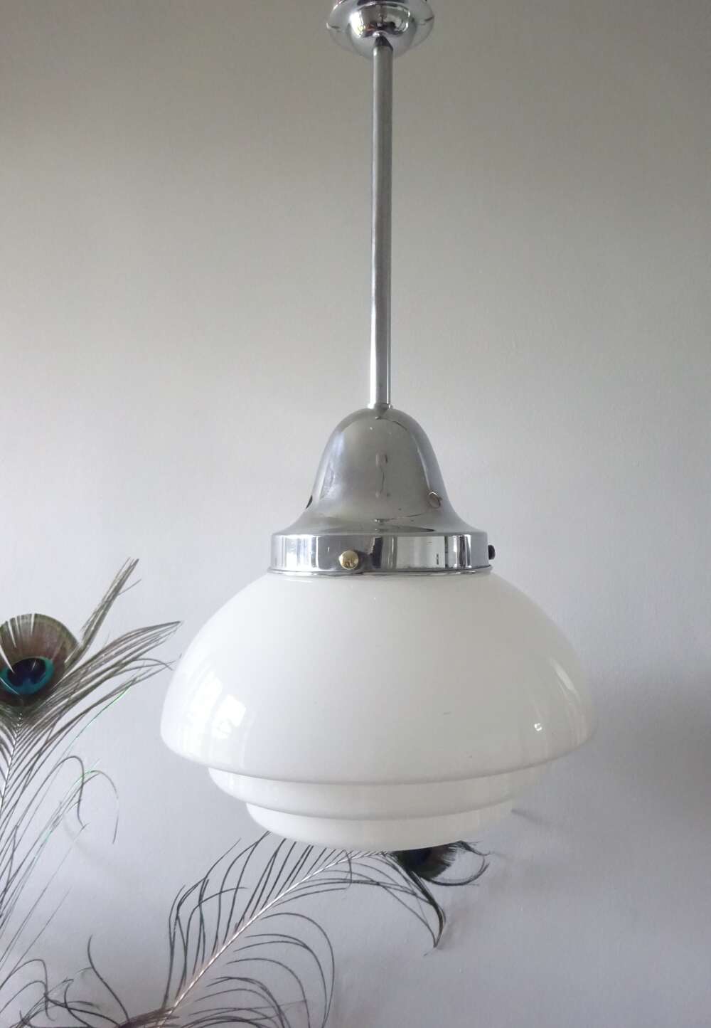 Mid Century Opaline Stepped School House Ceiling Light