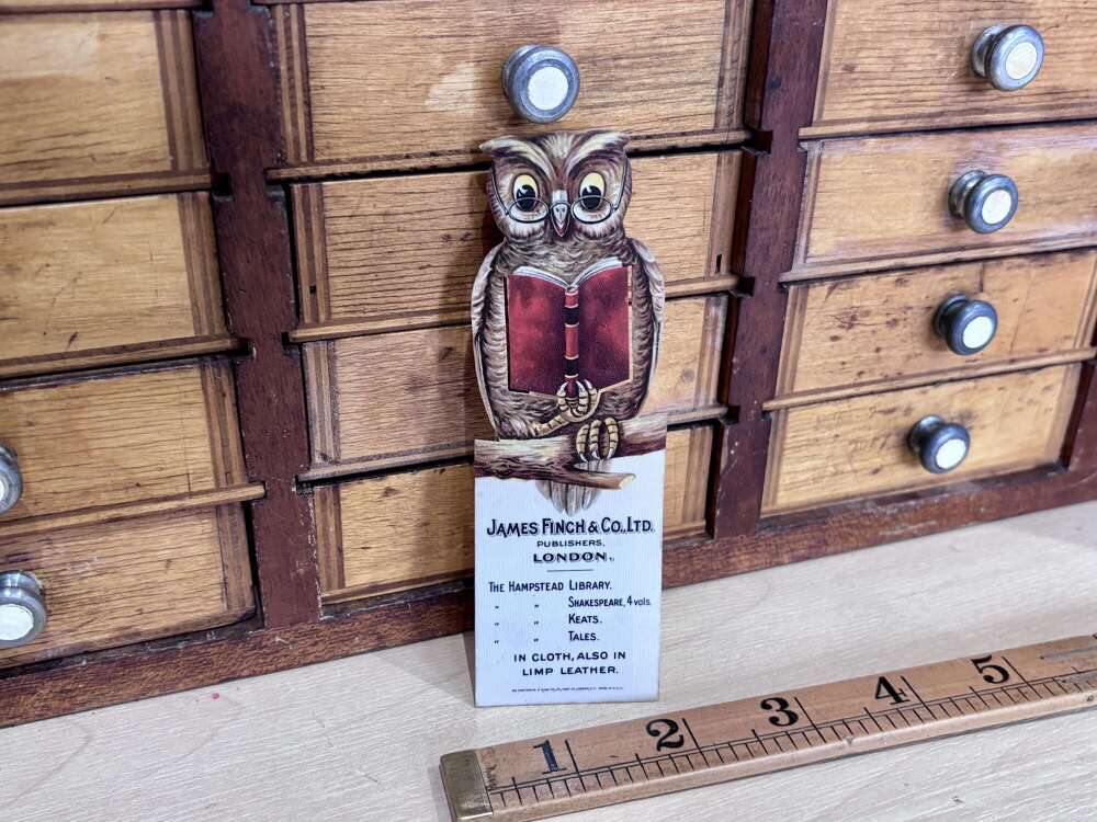 Fantastic Finch & Co Owl Bird Advertising Celluloid Trade Card Book Mark c1900s