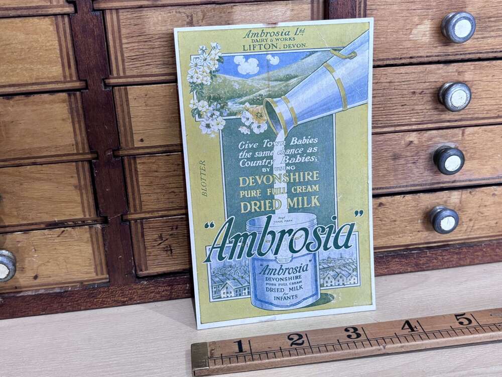 Ambrosia Milk Churn Liftom Devon Advertising Trade Card Blotter c1900s