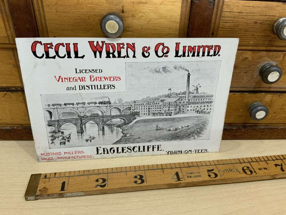 Cecil Wren Eaglescliffe Vinegar Brewers & Distillery Factory Advertising Trade Card c1900