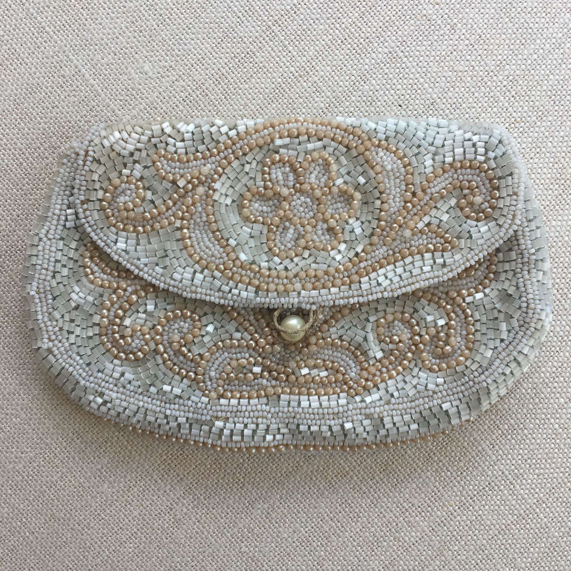 Vintage pale blue and beige beaded handbag