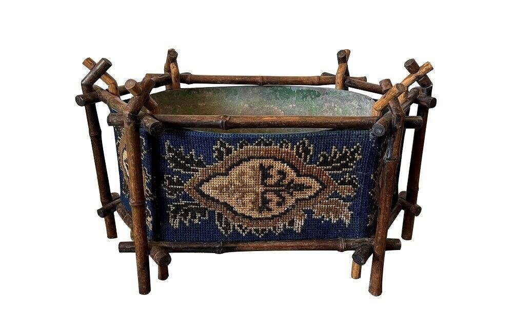 19th Century Bamboo & Tapestry Jardiniere