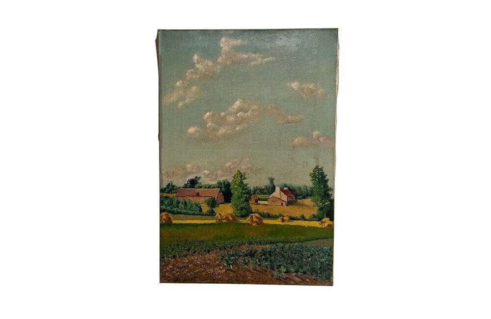 20th Century French Oil On Canvas Painting 'landscape With Farmhouse'