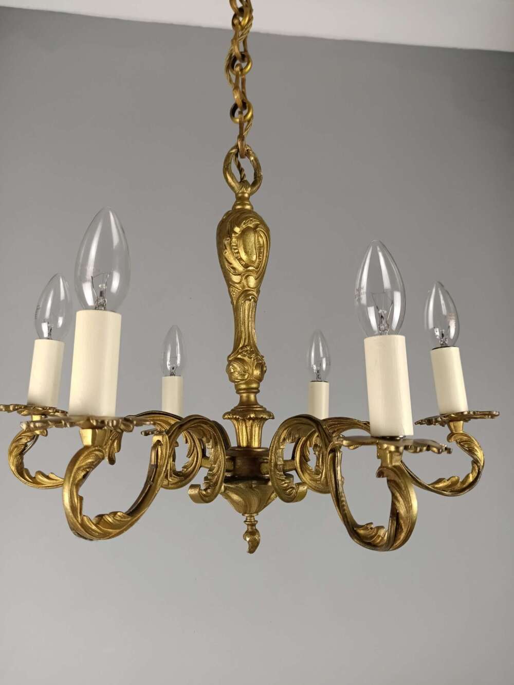 French Gilt Brass 6 Arm Chandelier