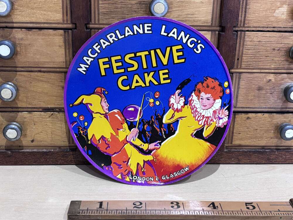 Macfarlane Lang Festive Halloween Cake Advertising Biscuit Tin Label Ephemera c1920s
